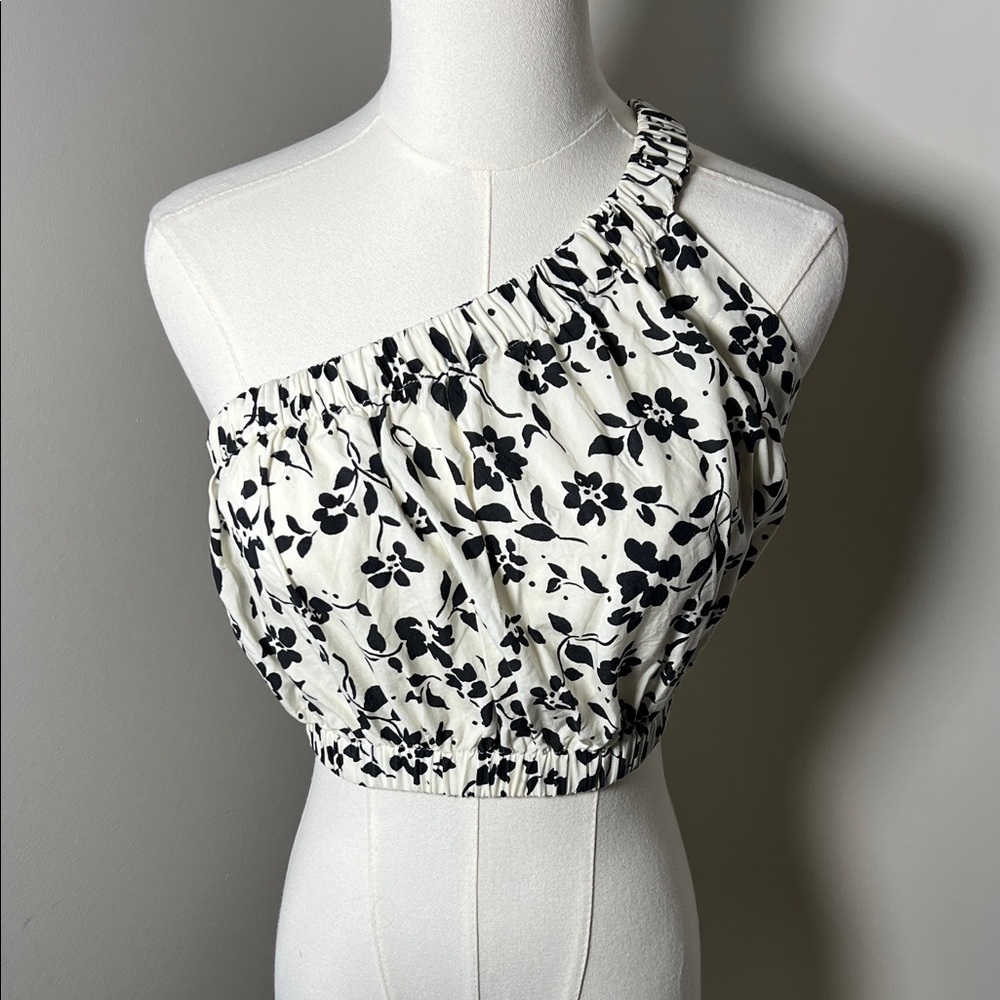 Lovers + Friends Black Floral One-Shoulder Crop Top